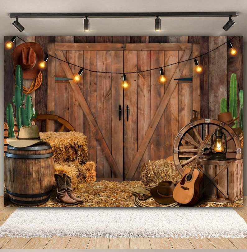 Western Cowboy Backdrop for Photography Wild West Rustic Farm Barn Haystack Hay Bale Wheel Kids Birthday Background Photo Studio