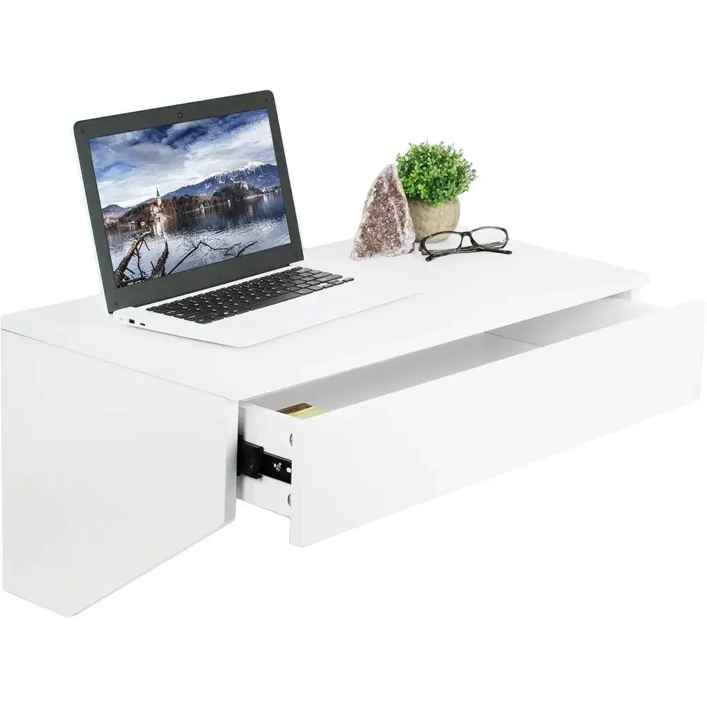 White Wall-Mounted Desk with 28 Surface, Pull-Out Drawer, and Floating Organizer, Storage Workstation