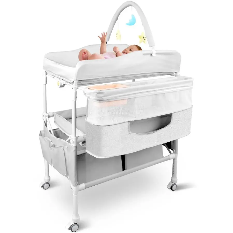 

Baby Changing Table with Wheels, Portable Diaper Changing Station with Adjustable Height, 2 Drawers, Organizer Boxes amp Laundry