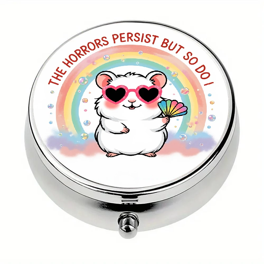 1 Flat Pill Box, Cute Hamster Wearing Heart-Shaped Fashion Glasses, Rainbow Fan-Shaped Print, Three-Compartment Portable Medicine Organizer, Can Be Placed in a Wallet or Pocket, Flat Design.