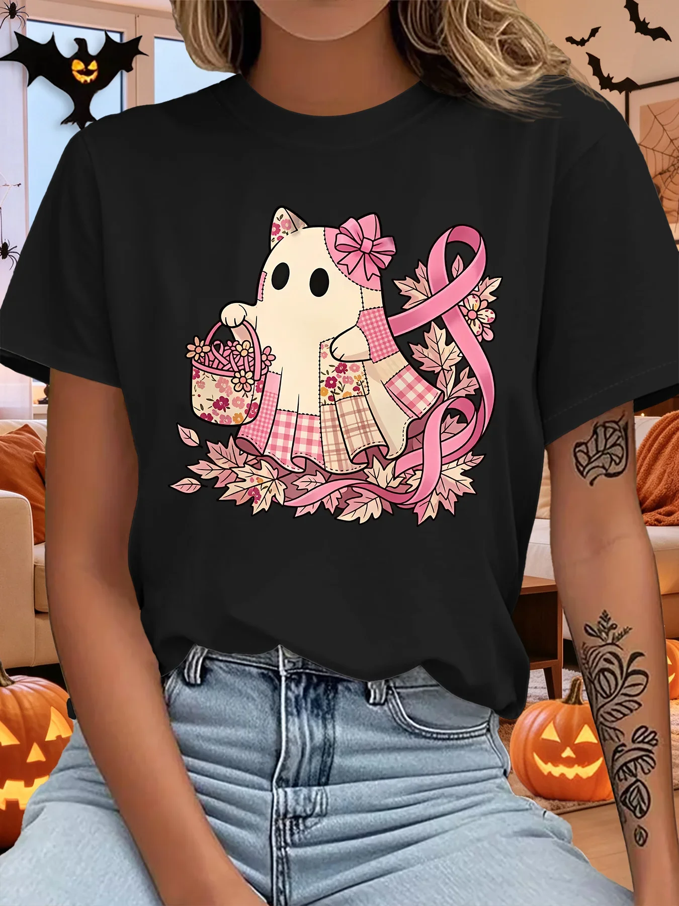 Cute Halloween Ghost Cat Pink Bow Maple Leaf Floral Art Print Graphic Ladies T Shirt Short Sleeve Crew Neck Casual Tee Tops