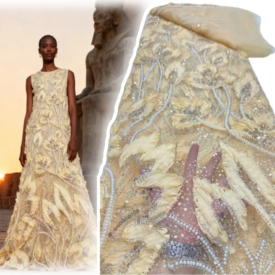 

5Y African Sequin Groom Lace Fabric 2026 High-Quality French Nigerian Bead Lace Fabric Suitable for Wedding Dress Sewing 1899