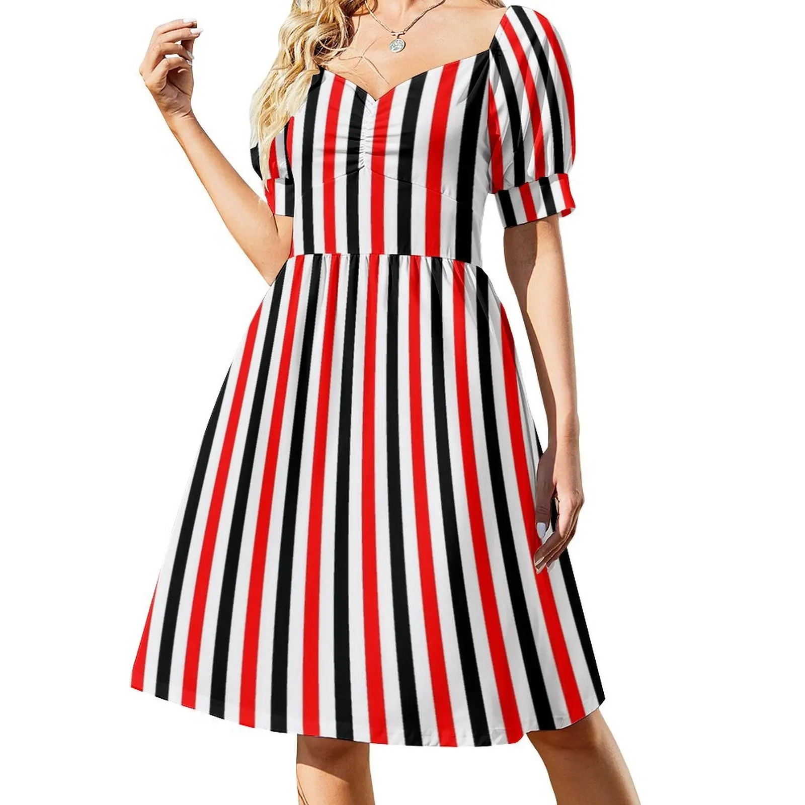 Red White Black Stripes Pattern Bohemian Sleeveless Dress Multi-Print Beach Vacation Party Dress Red Stripes Pattern Black view 2