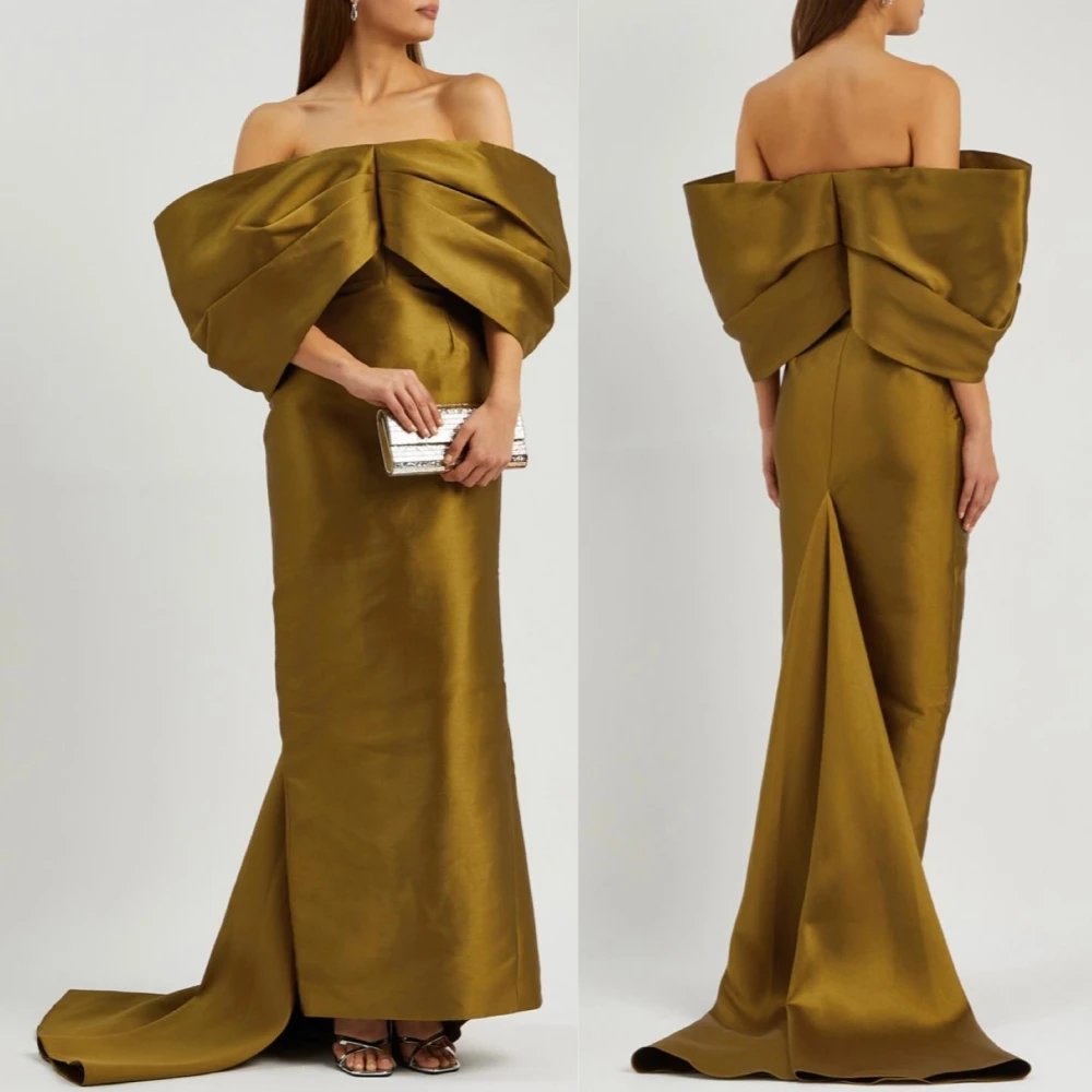 Customized Satin Pleat Christmas Straight Off-the-shoulder Bespoke Occasion Gown Midi Dresses