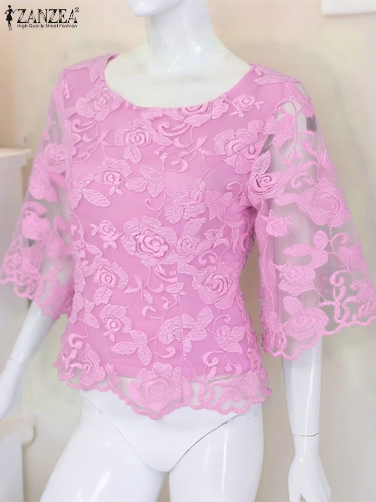 

ZANZEA Lace Tops Summer See Through Mesh Blouse Women Casual Flare Sleeve Tunic 2025 Beach Blusas Vintage Floral Pullovers