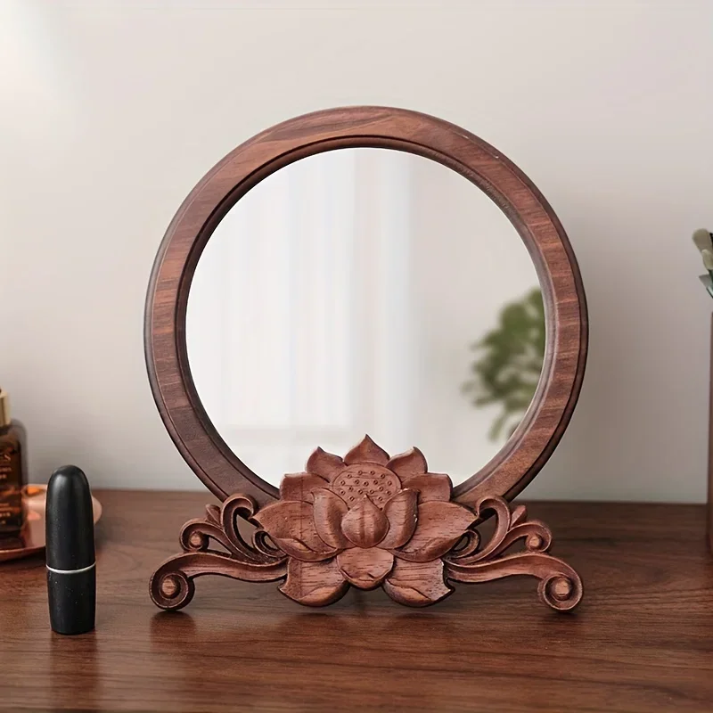 Handcrafted Polished Wooden Circular Makeup Mirror with Floral Base, Unscented, Portable for Bedroom, Bathroom, and Vanity