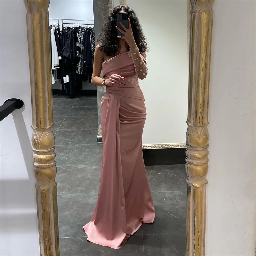 

Meetlove Customized Mermaid Evening Dresses One Shoulder Backless Ruched Shiny Prom Dress Bodycon Satin Celebrity Party Gowns