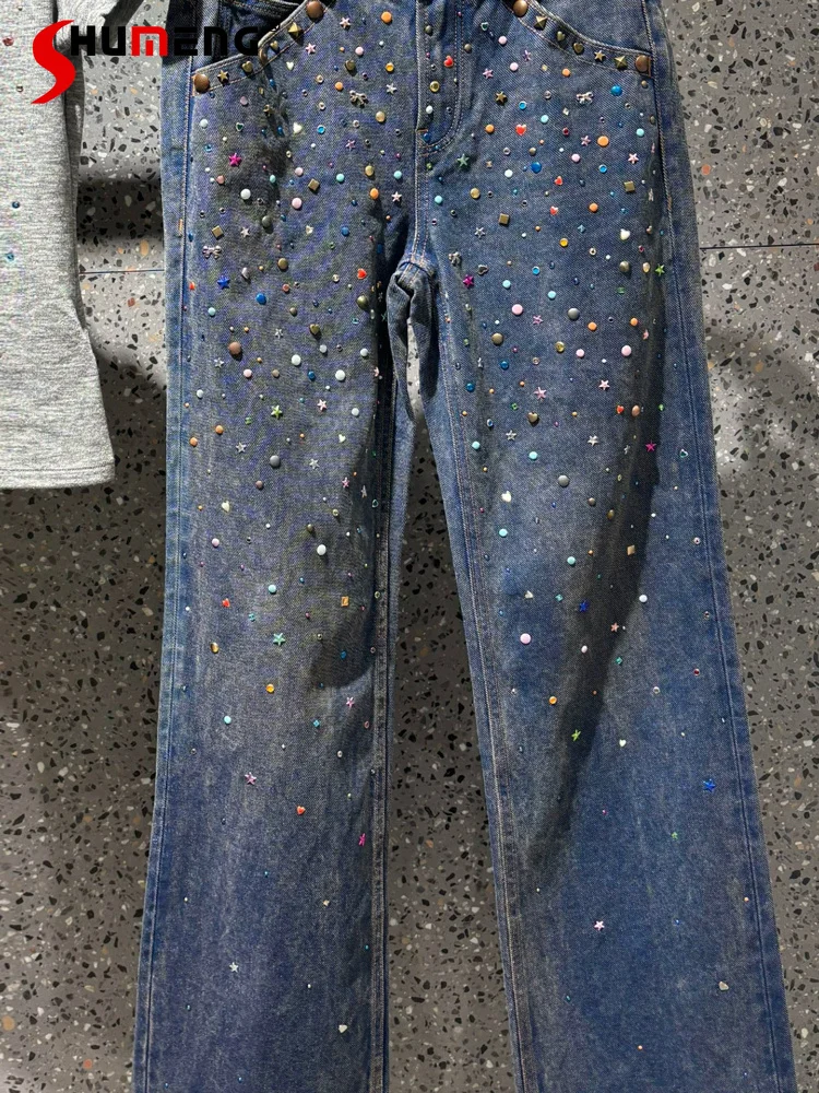 

Fashion High-end Women's Clothing Women's 2026 Summer Hot Diamond High Waist Jeans Ladies Trendy Comfort Wide-leg Denim Trousers