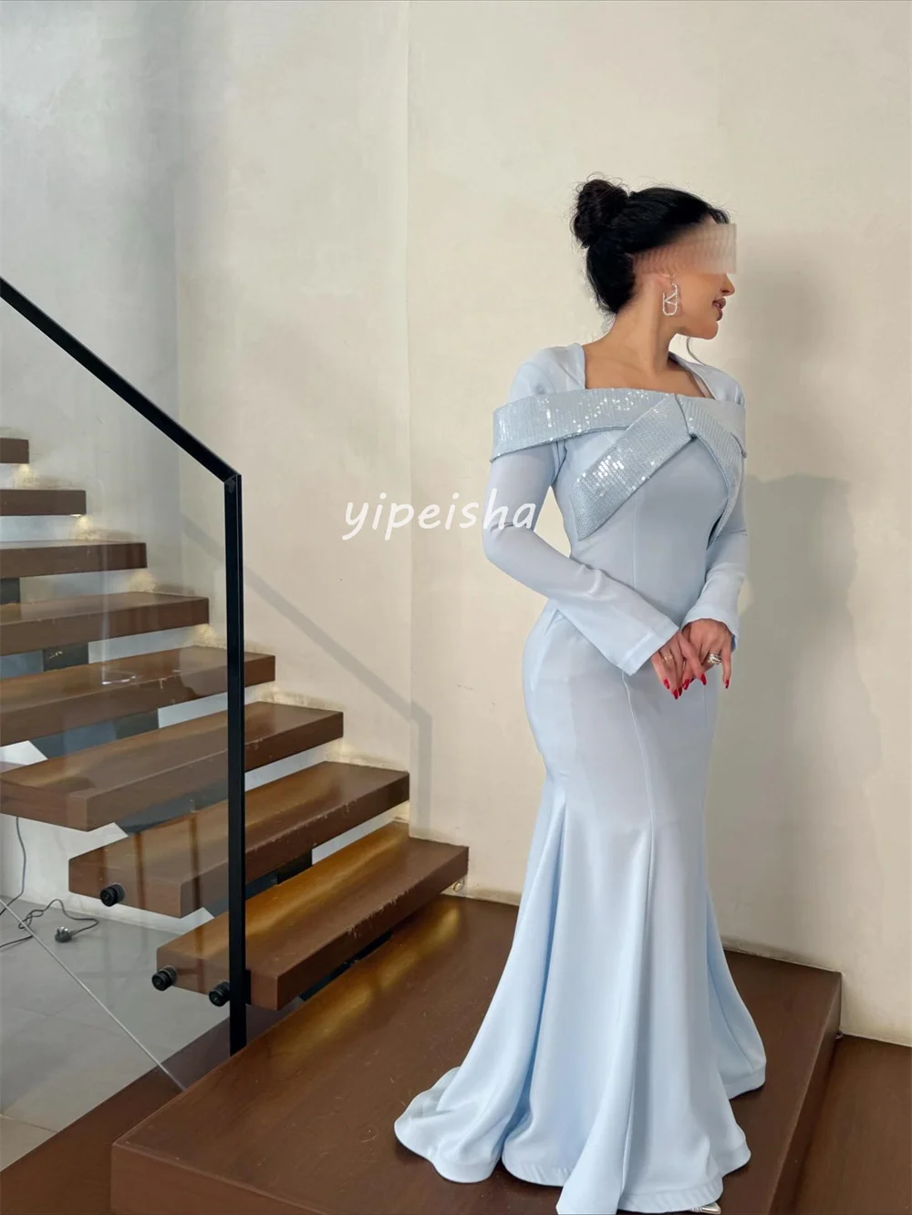 Customized Matching Fashion Pleat Ruched Sequined Mermaid Square Neck Long Dresses Evening Dresses Sizes Available High Quality