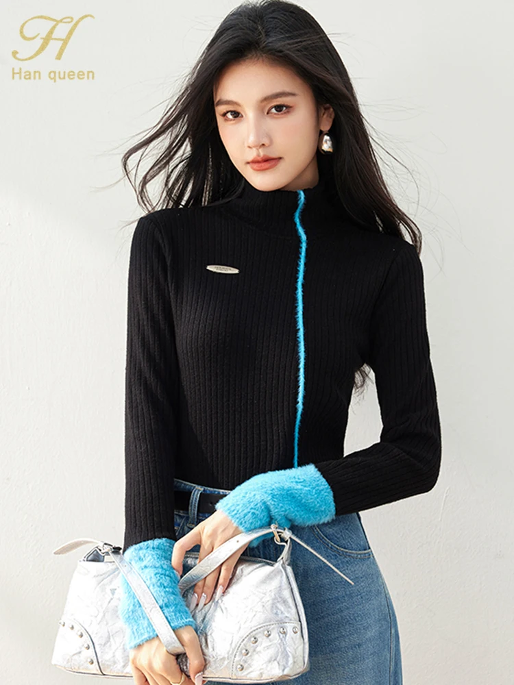 H Han Queen 2024 Autumn Winter Bottom Knitwear Women Sweater Color Blocking Loose Vintage Casual Pullover Sweater Woman Clothing