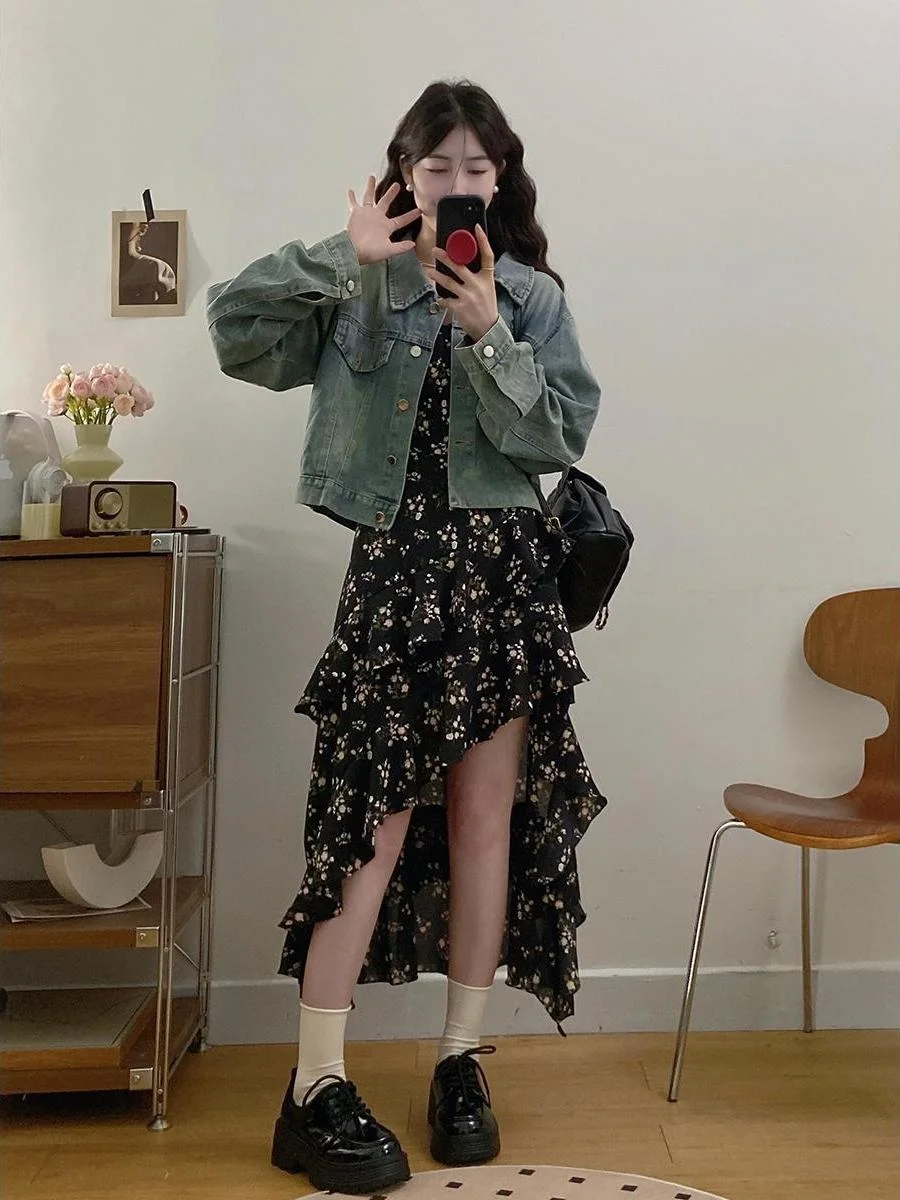 

plus Size Casual Spring Outfit Denim Jacket Floral Print Asymmetrical Dress Two-Piece Set Korean Style Loose Fit Long Sleeve