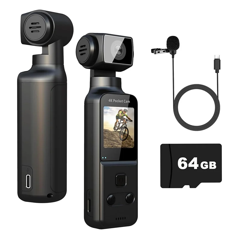 FFYY-4K Fotocamera corpo con microfono esterno, mini WiFi digitale tascabile per sport all'aria aperta, bici, viaggi, Action-64GB