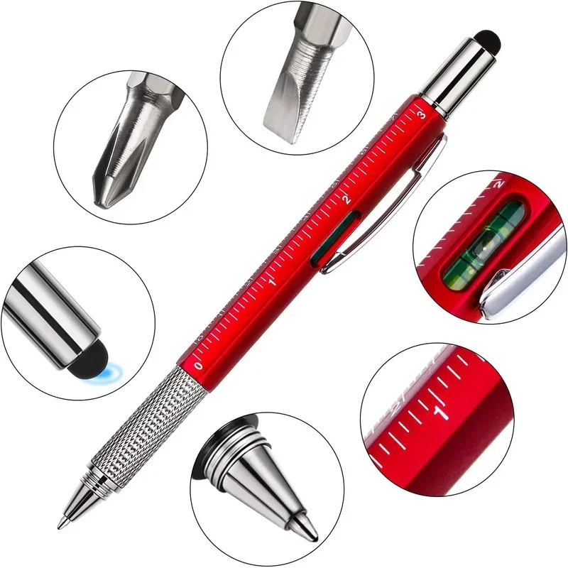 Stylo à bille multifonction 7 en 1, avec outil portatif moderne, mesure règle technique, tournevis, stylet pour écran tactile, niveau à bulle