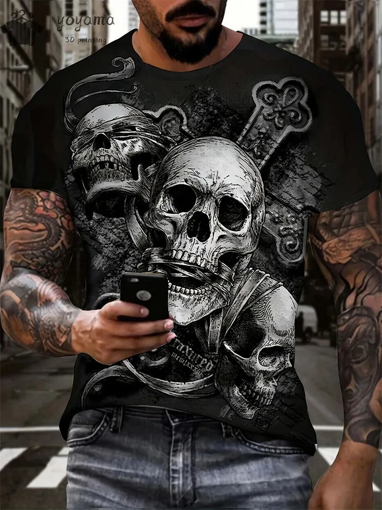 Camiseta de cuello redondo cómoda y transpirable con estampado de calavera de terror de Halloween para hombre, top informal para fiesta al aire libre, superventas, verano