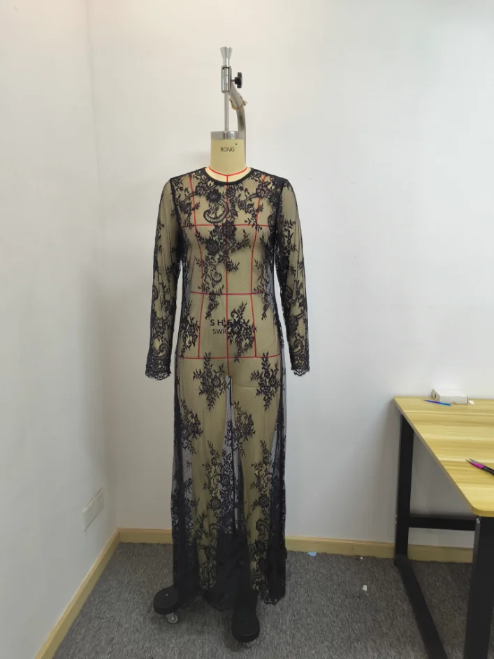 Modische, sexy Kleider mit langen Ärmeln und Spitze für Damen, elegantes Kleid mit Rundhalsausschnitt, gerades Kleid, Damen-Sommerkleider, Q7027. – Detail 9