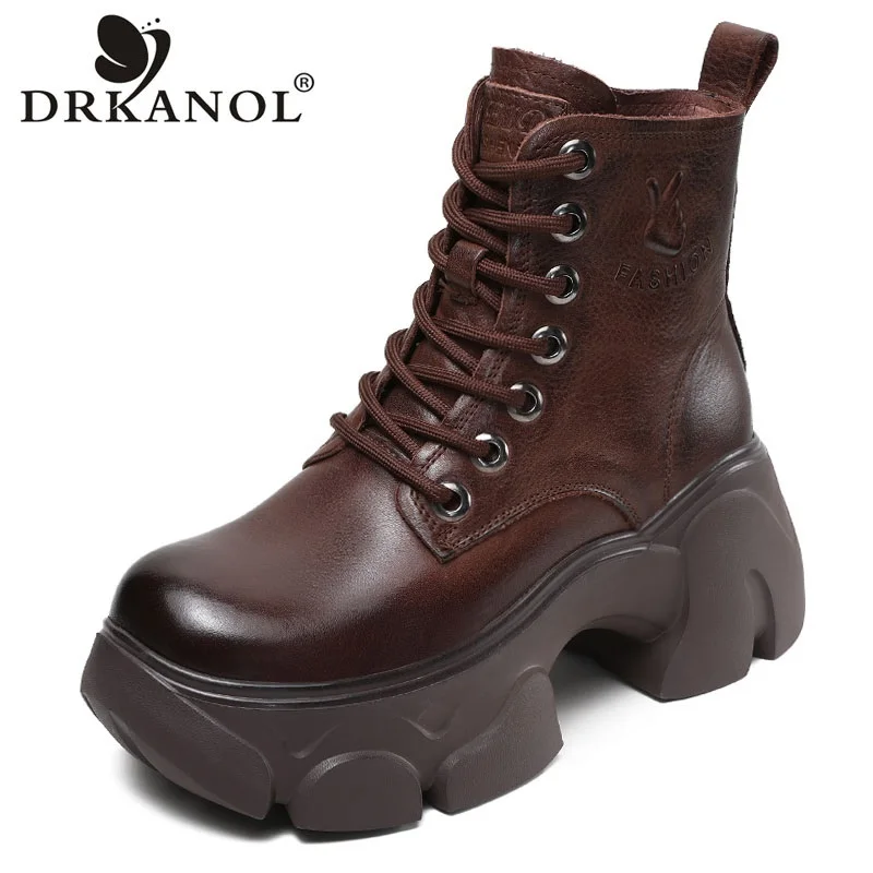 DRKANOL 2024 Wide Toed Thick High Heel Height Increase Boots Women Autumn Winter Platform Warm Ankle Boots Retro Style Handmade