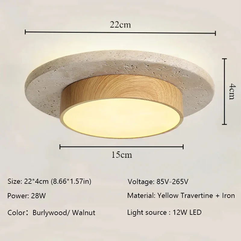 Stenen plafondlamp Ronde plafondlampen D22cm LED28w Wabi Sabi Retro Walnoot/Hout voor balkon Gangen Woonkamer Binnenverlichting