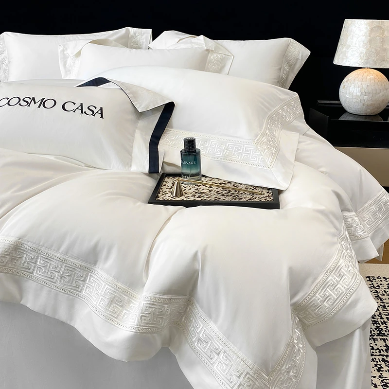 

Luxury Embroidery Premium White Hotel Bedding Set Double Queen King 4Pcs Long-staple Cotton Duvet cover Bedsheet Pillowcases