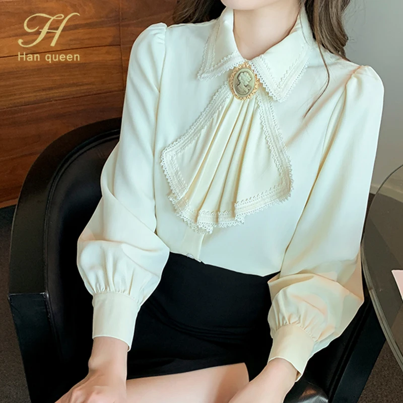 H Han Queen 2022 Spring Basic Shirt Women Blouses Vintage Work Casual Tops Chiffon Blouse Korean Design Long Sleeve Loose Shirts