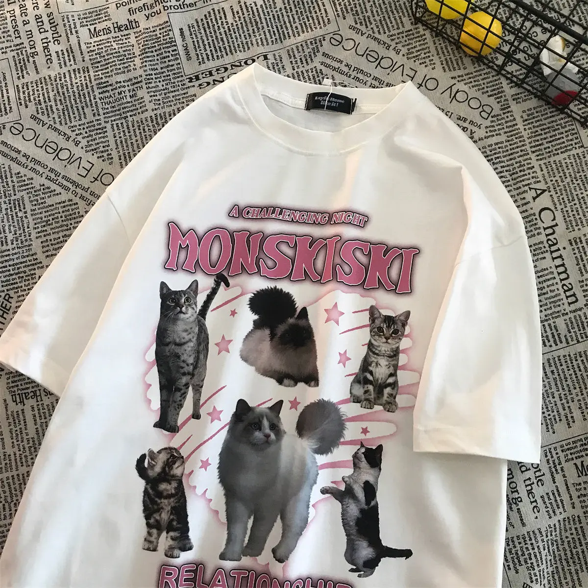 Camiseta con estampado de gato para mujer, camiseta de manga corta estética, ropa de calle holgada de gran tamaño, Top coreano para mujer