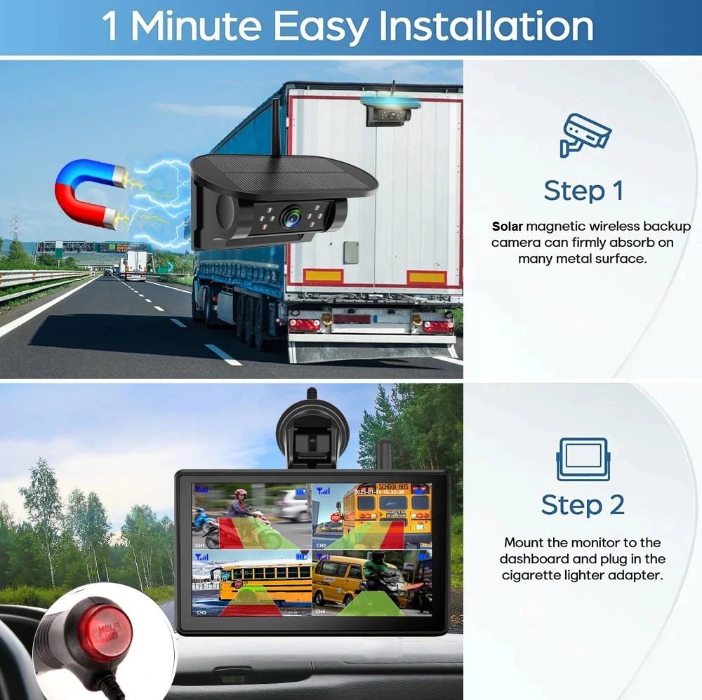 IPoster 7in Wireless 3ch DVR IPS Monitor AI Blind Spot Detection With 3x10000mah Rechargeable Magnetic Solar Wifi Cameras Kit