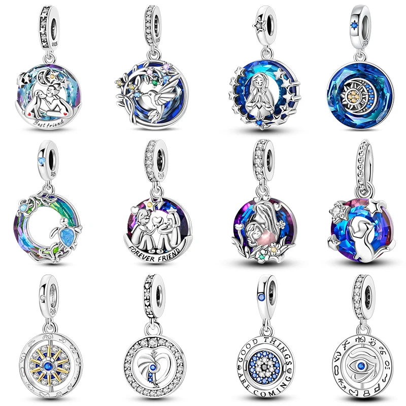 Authentic 925 Sterling Silver Blue Life Tree Evil Eye Sun Round Charms Pendants Fit Pandora 925 Original Bracelets DIY Jewelry