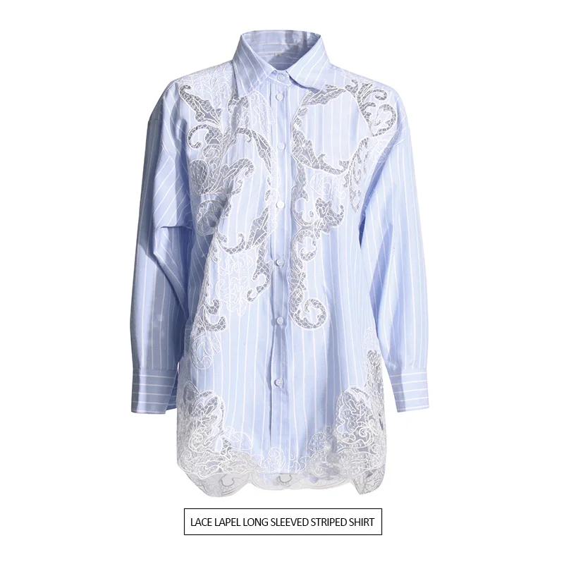 SuperAen korean Style Shirt 2024 Spring New lapel Collar Long Sleeve Lace Panel Personalized Versatile Shirt