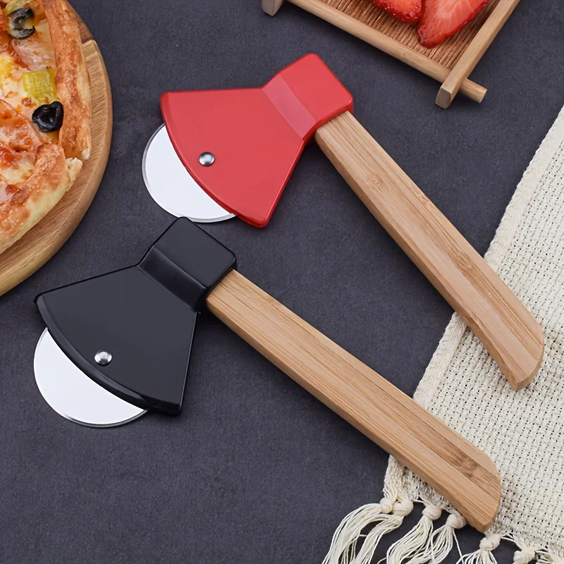 1pc Axe-Shaped Pizza Cutter, Wheel Slicer with Wooden Handle, Multifunctional Kitchen, Perfect for Cutting Pizzas, Olives
