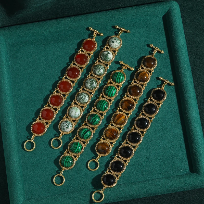 

Vintage Malachite Natural Stone Bracelet For Women Accessories Black Red Agate Antique Gold Color Luxury Dubai Jewelry Charms