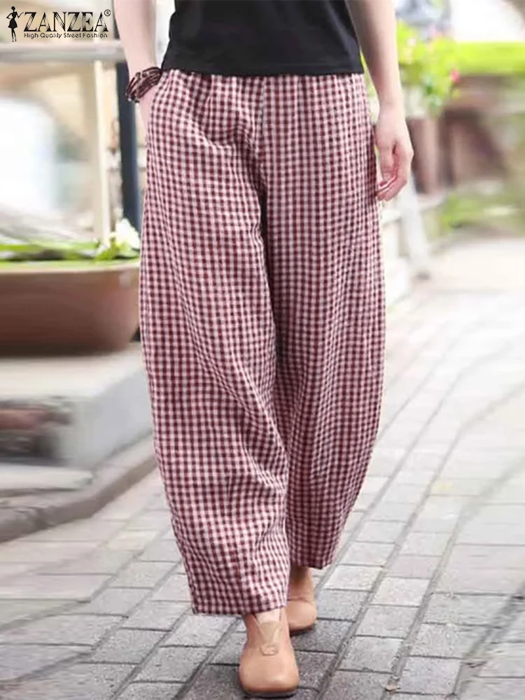 ZANZEA 2025 กางเกงลายสก๊อตผู้หญิงแฟชั่นโคมไฟกางเกงลําลองหลวมยาวกางเกงฤดูร้อนกระเป๋าเอวยางยืดกางเกงขนาดใหญ่