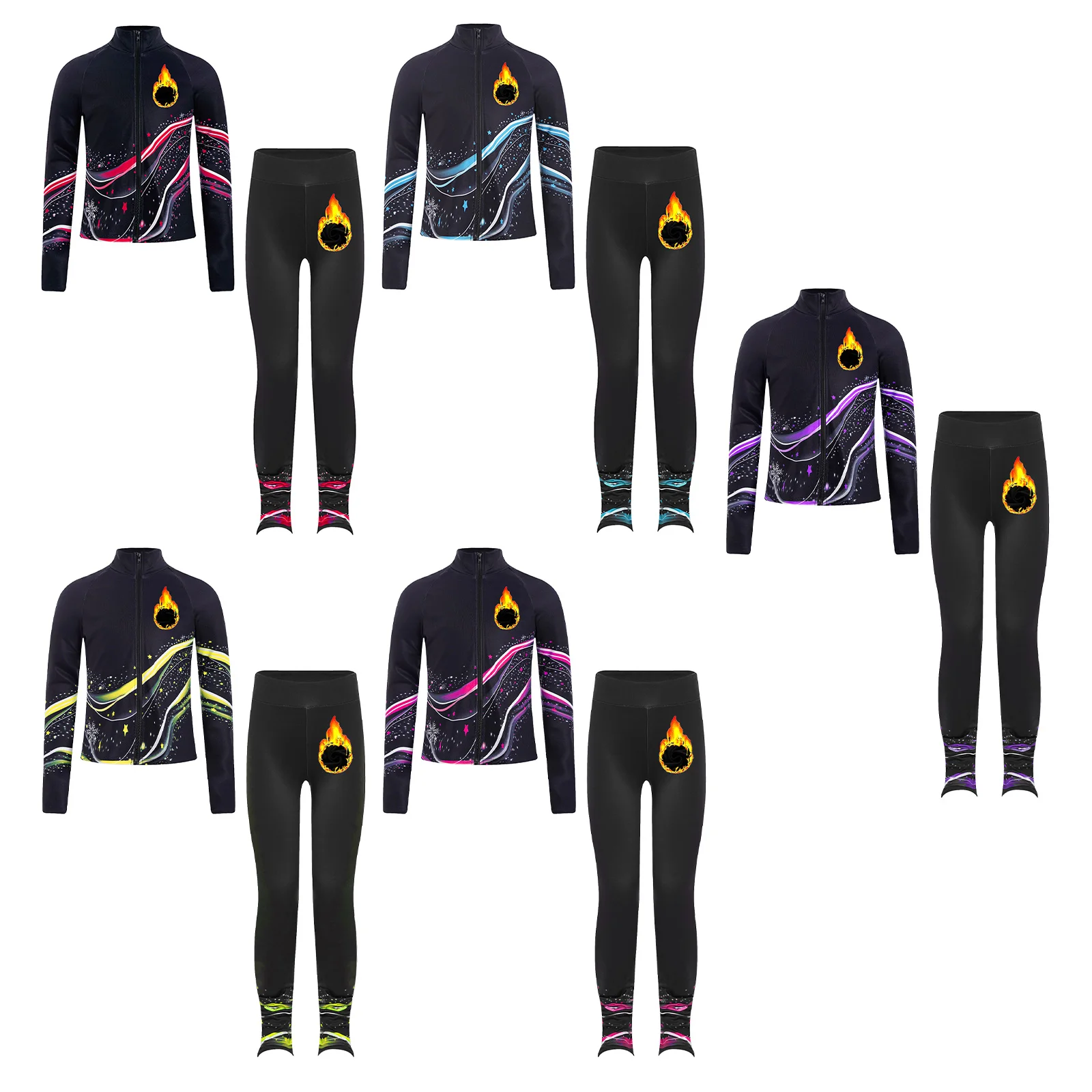 여자 피겨 스케이팅 슈트 스탠드 칼라 긴 소매 프린트 스웨트 셔츠 재킷(체조 댄스 연습 운동용 레깅스 포함)