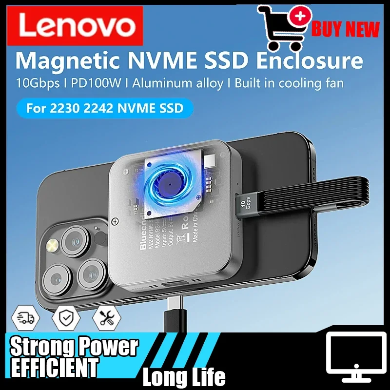 

Lenovo Magnetic M.2 NVMe SSD Enclosure (2230/2242), Built-in Cooling Fan, 100W PD Fast Charging Type-C for IPhone & Mac