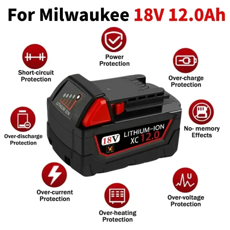 News For Milwaukee M18 Power Tool Battery, Charger, BR, XC, 18V, 12000mAh M18B5, 48-11-1860, Built-in 18650 Battery