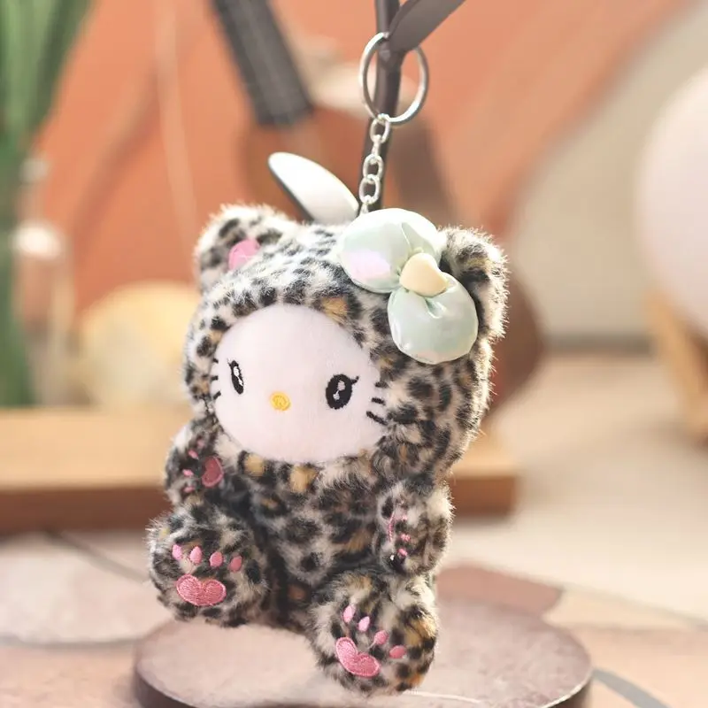LLavero de peluche Kawaii de Hello Kitty, bonito bolso de muñeca, dije con lazo, estampado de leopardo, tirador de cremallera, regalo, juguetes de peluche para niñas, 1 Uds.