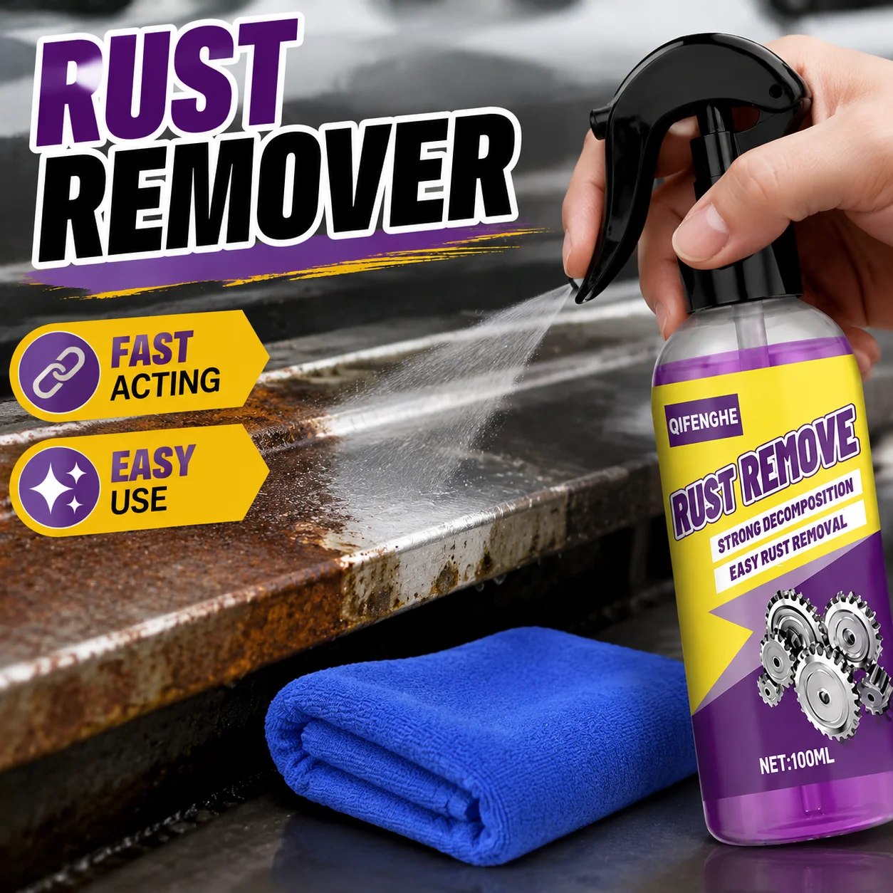 QIFENGHE Rust Remover Spray 100ml, Car Metal Rust Cleaner, Quick Dissolve Rust for Wheel Hub & Metal Parts, with Microfiber Towe