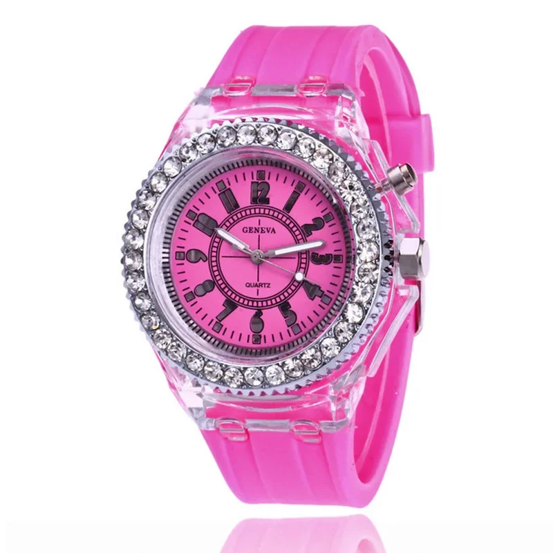 Creatieve Led Lichtgevende Horloges Genève Vrouwen Quartz Horloge Dames Siliconen Armband Horloges Vrouw 12 Felle Kleuren Kids Cadeau