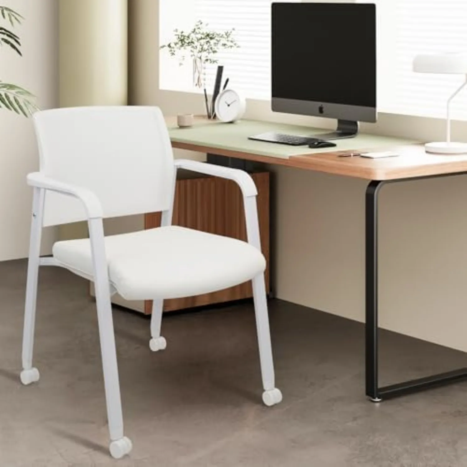 Stacking Office Chairs with Wheels | Mesh Back, Thicken Leather Seat and Streamline Armrests, Ergonomic Lumber Support