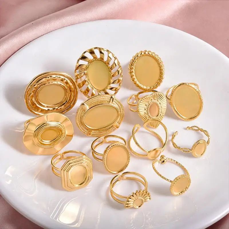 1Pcs Hypoallergenic DIY Cabochons Open Ring Adjustable Stainless Steel Heart Sun Leaf for Graduation Gift Idea