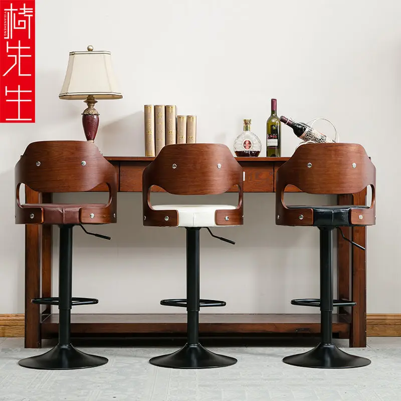 Solid Wood Bar Stool Lifting Backrest High Stool Cashier Bar Chair Front Desk High Stool Kitchen High Dining Chair