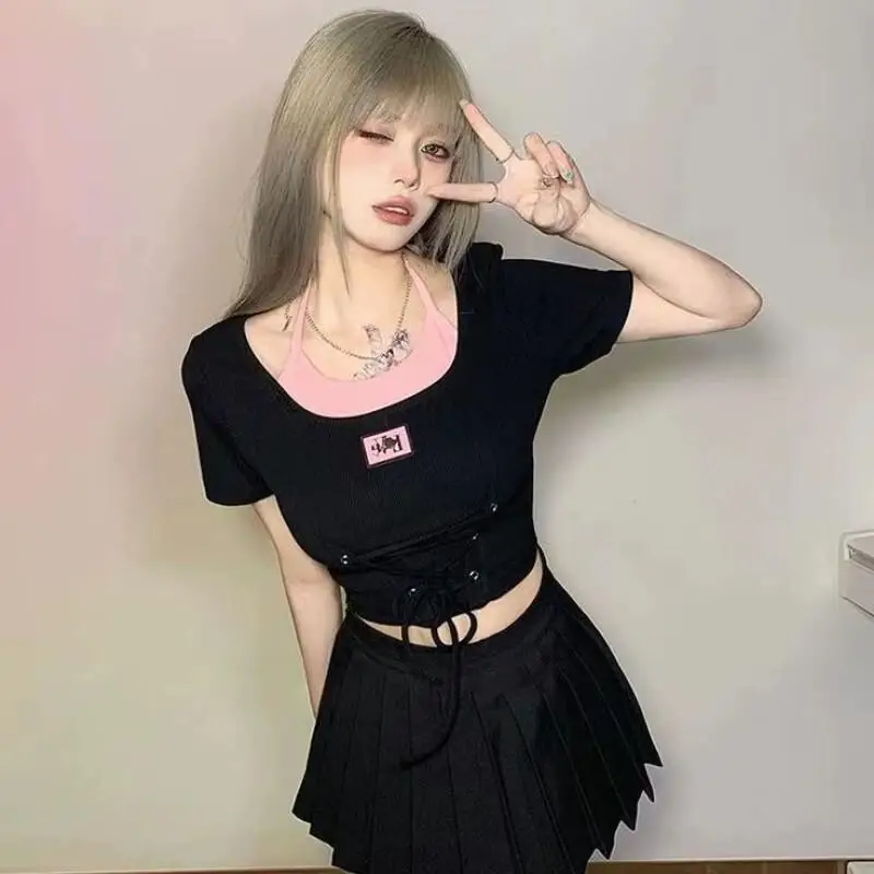 Retro Style Niche Design Sense Women Summer Color Clash Bf Style Sweet Heart Hot Girl Lace Up Unique Halter T Shirt Short Sleeve