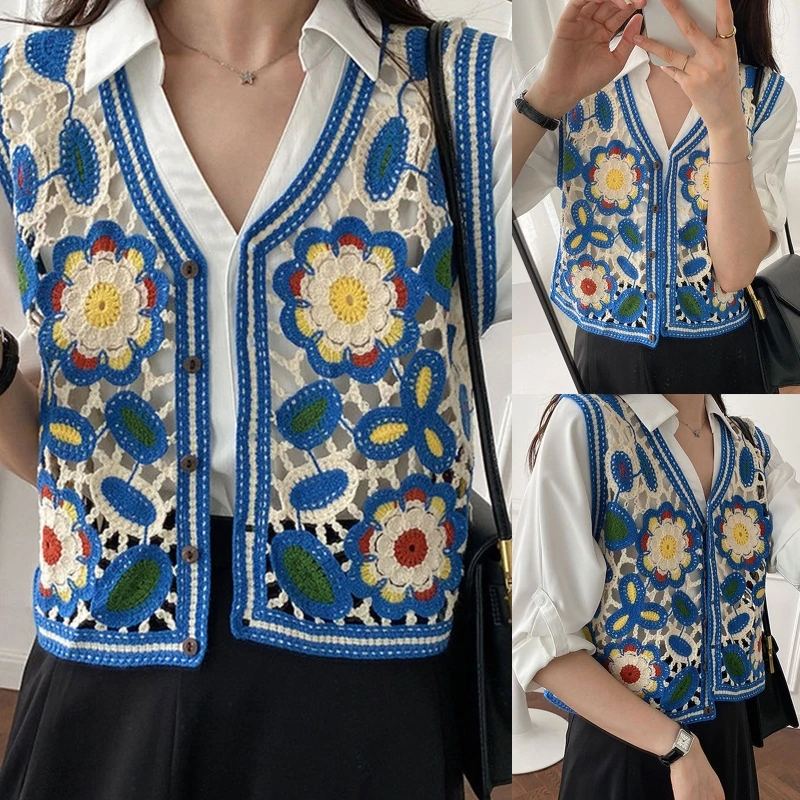 Ins Korean Floral Summer Crochet Vest Tops Cotton Hollow Out Waistcoats Female Ladies Cardigan for Dating Shopping