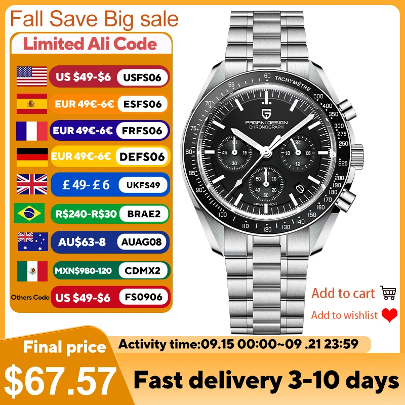 

PAGANI DESIGN 2025 New Men's Watches Top Luxury Quartz Watch For Men Auto Date Speed Chronograph AR Sapphire Mirror Wrist watch