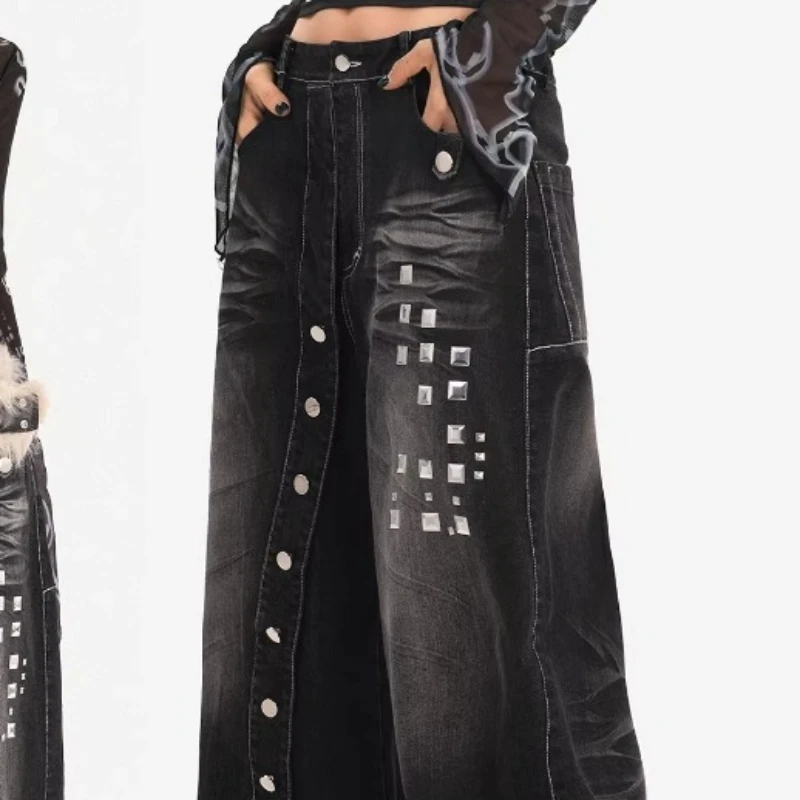Original Retro Design Straight-Leg Women's Jeans 2026 Spring New Black Square Stud Punk Style Loose Wide-Leg Long Pants Ladies