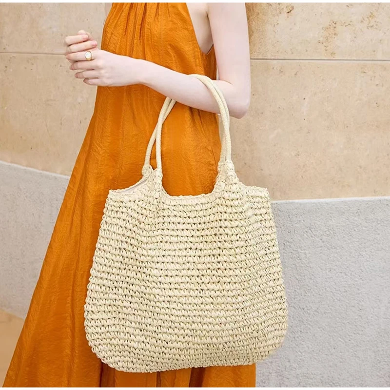 Vintage Einfarbige Gewebte Schultertasche, Minimalistische Casual Pendler-Handtasche für Frauen, Sommer Strand Handgefertigte Leichte Tasche – Detail 3