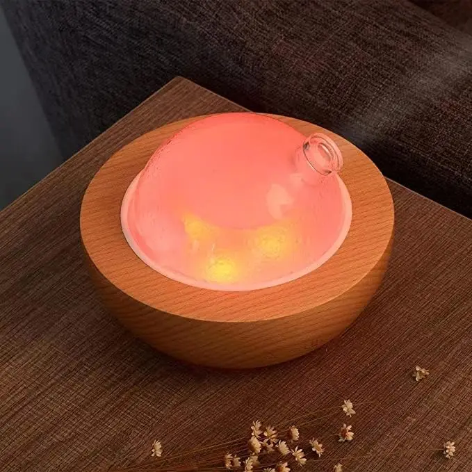 Glass Essential Oil Diffuser with Real Wood Base,Aroma Diffusing Humidifier, LED Light with 7 Colors,(Non-Glass Reservoir)