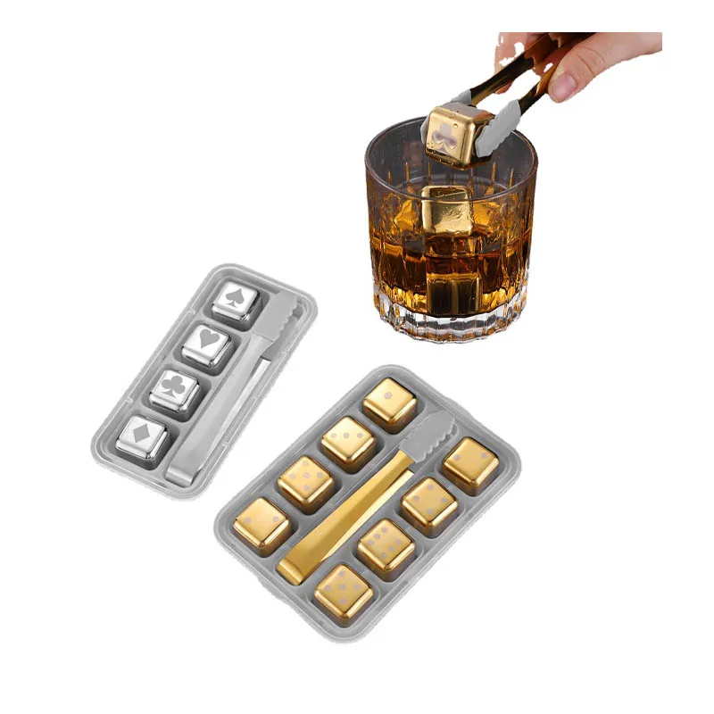 LYN&GY 304 Stainless Steel Reusable Ice Cubes with Dice Poker Pattern, Quick-Frozen, Whiskey & Beer Chilling Bar Tool