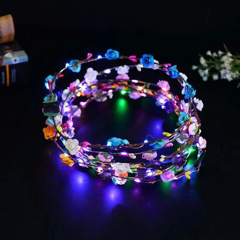 Corona de flores LED para el cabello, diadema luminosa, suministros para fiestas de cumpleaños y bodas, 15/30 piezas