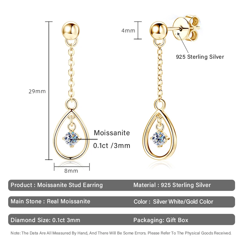 3MM Moissanite Water Drop Earrings For Women 925 Sterling Silver D Color Lab Diamond Dangle Earring Wedding Party Jewelry Gifts