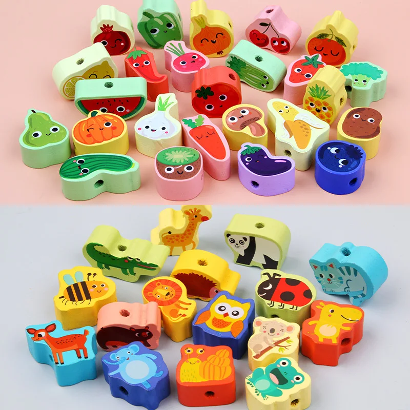 TongYueFun Kids Montessori Educational Wooden Cartoon Fruit Animal Beads Stringing Threading Toy Children Gifts