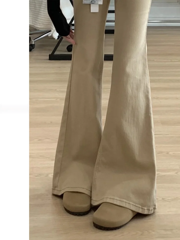 كاكي Fce مبطن متوهج الجينز المرأة منخفضة الخصر التخسيس Bootcut السراويل مريحة للتنفس ارتداء مقاومة لينة تمتد